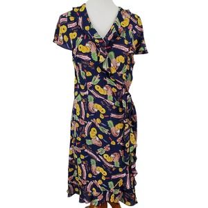 Loco Lindo Blue Pineapple Princess Cascade Wrap Dress Size XL Cap Sleeves Aloha